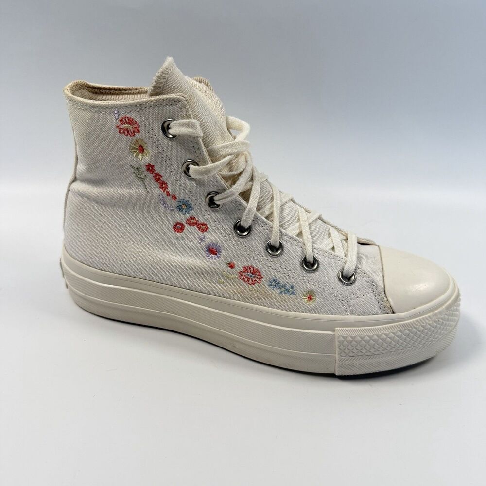 Converse CTAS Lift Platform High Womens Sneakers White Embroidered Floral Size 8